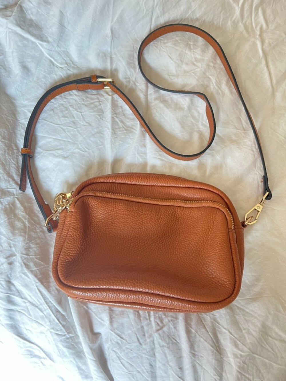 Pom Pom London brown Pebbled mini Crossbody bag leather 3 pocket gold hardware